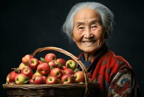 ai generado un mayor mujer sonriente con un cesta lleno de manzanas, foto