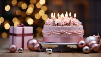 AI generated an elegant pink cake is sitting on a wooden plate with christmas lights in the background, photo