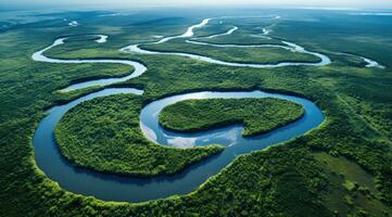 AI generated aerial view of a river flowing in middle of a forest, photo