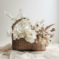 AI generated a rattan basket is full of white flowers and other floral elements photo