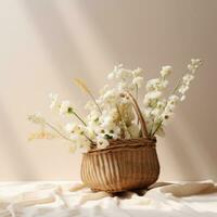 AI generated a rattan basket is full of white flowers and other floral elements photo