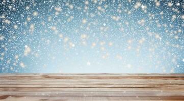 AI generated a wooden table in winter with snow falling from it, photo