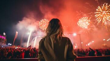 ai generado un mujer mira arriba espalda a fuegos artificiales, foto