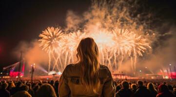 ai generado un mujer mira arriba espalda a fuegos artificiales, foto