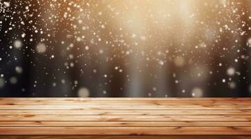 AI generated a wooden table in winter with snow falling from it, photo