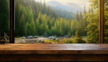 AI generated a wooden kitchen table is in front of a window, photo