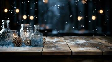 AI generated a wooden table in winter with snow falling from it, photo