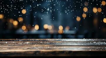 AI generated a wooden table in winter with snow falling from it, photo
