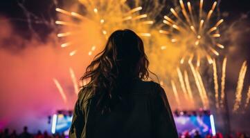 ai generado un mujer mira arriba espalda a fuegos artificiales, foto