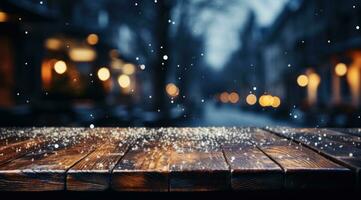AI generated a wooden table in winter with snow falling from it, photo