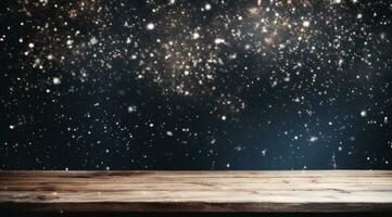AI generated a wooden table in winter with snow falling from it, photo