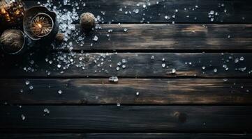 AI generated a wooden table in winter with snow falling from it, photo