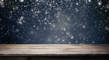 AI generated a wooden table in winter with snow falling from it, photo