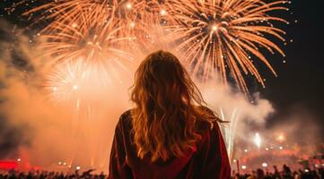 ai generado un mujer mira arriba espalda a fuegos artificiales, foto