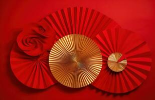 AI generated a red background with 3 chinese paper fan on it photo