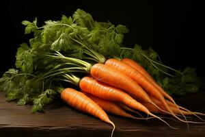 ai generado grupo de naranja zanahorias en un mesa en un oscuro antecedentes foto