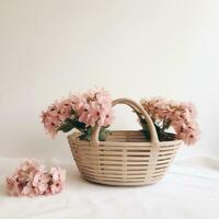 AI generated a white basket with pink flowers sitting on top of a white striped background photo