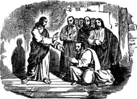 Jesus Shows His Wounds to the Disciples vintage illustration. vector