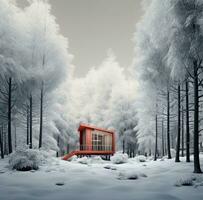 AI generated a small cabin is standing in a snowy forest, photo