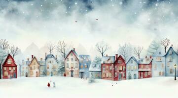 ai generado un acuarela ilustración de casas desde un Nevado invierno noche, foto