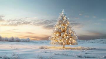 AI generated a snow covered christmas tree stands alone on snow covered ground, photo