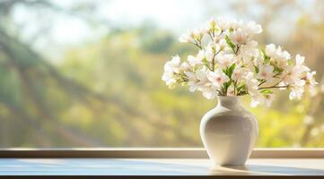 ai generado un blanco florero lleno con flores en un de madera mesa, foto