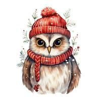 ai generado generativo ai, linda salvaje búho pájaro, Navidad sombrero y feo suéteres, acuarela estilo. foto