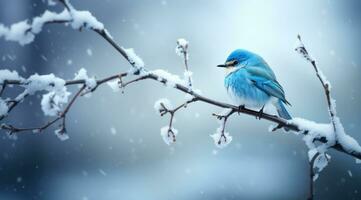 ai generado un pequeño azul pájaro en pie en el rama en un Nevado Nevado escena, foto