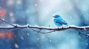 ai generado un pequeño azul pájaro en pie en el rama en un Nevado Nevado escena, foto