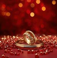 AI generated a ring and ruby on a red background surrounded by golden balls, photo