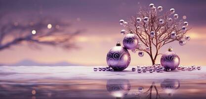 AI generated a purple tree with balls and decorations sitting on a wood floor, photo