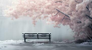 AI generated a small bench surrounded by snow near a frozen lake, photo