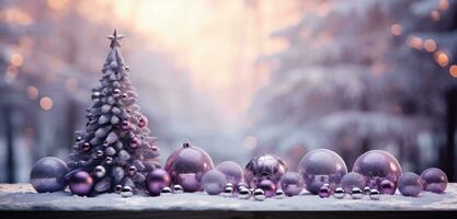 AI generated a purple christmas tree with purple ornaments on a wooden table, photo