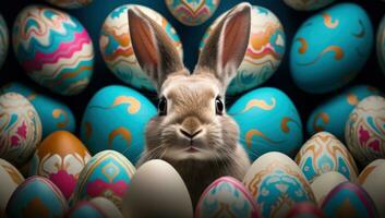 AI generated a rabbit is looking at a large area featuring easter eggs, photo