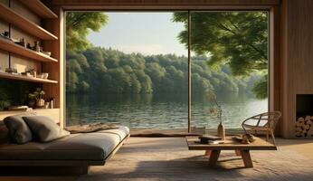 AI generated a room with windows facing a lake or forest, photo