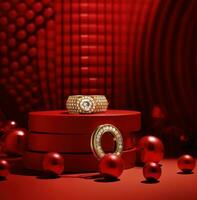 AI generated a ring and ruby on a red background surrounded by golden balls, photo