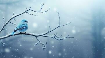 AI generated a small blue bird standing on the branch in a snowy snowy scene, photo