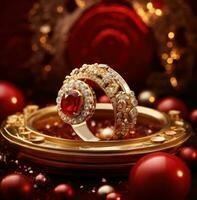 AI generated a ring and ruby on a red background surrounded by golden balls, photo