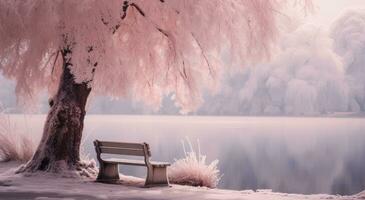 ai generado un parque banco y arboles en el bancos de un lago con nieve, foto