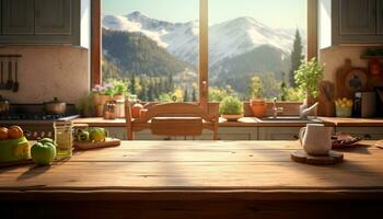 AI generated a large kitchen with a wood table in front of a view photo