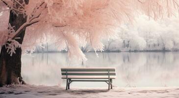 ai generado un parque banco y arboles en el bancos de un lago con nieve, foto