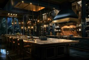 AI generated a large black and gold kitchen with wood, photo