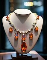 AI generated a necklace with gemstones in a store window, photo