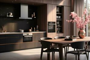 AI generated a neatly decorated modern kitchen with dark wood walls and black countertops, photo