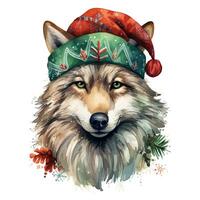 AI generated Generative AI, cute wild wolf animal, Christmas hat and ugly sweaters, watercolor style. photo