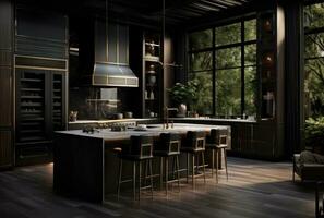 AI generated a kitchen with black cabinets and chairs, photo