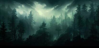 AI generated a foggy forest in the fog, photo