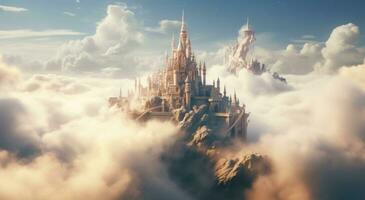 AI generated a fairytale castle rising up from the clouds in the sky, photo