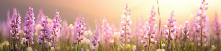 ai generado un campo de verde césped con flores en el primer plano, foto