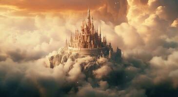 AI generated a fairytale castle rising up from the clouds in the sky, photo